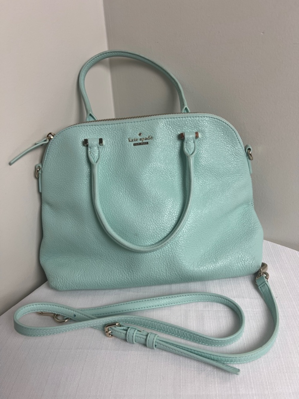 kate spade Spa Blue Pebbled Leather Satchel with Removable Strap - Picture 1 of 8